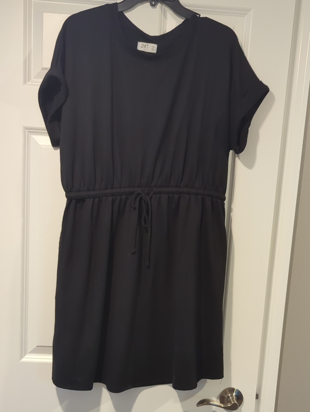 24/7 Black Short-Sleeve Drawstring Waist Mini Dress